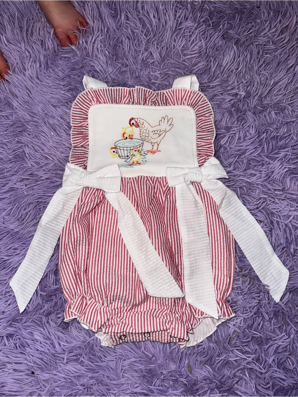 Red & White Striped Baby Romper with Chicken Embroidery